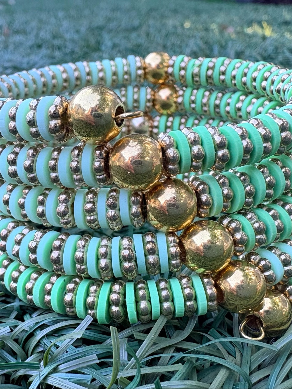 Gold and Mint Green Beaded Coil Bracelet - Women's Jewelry